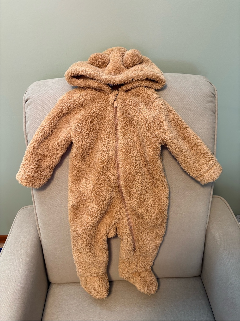 Old Navy Cozy Brown Teddy Fleece Baby One-Piece with Hood, 6-9 months